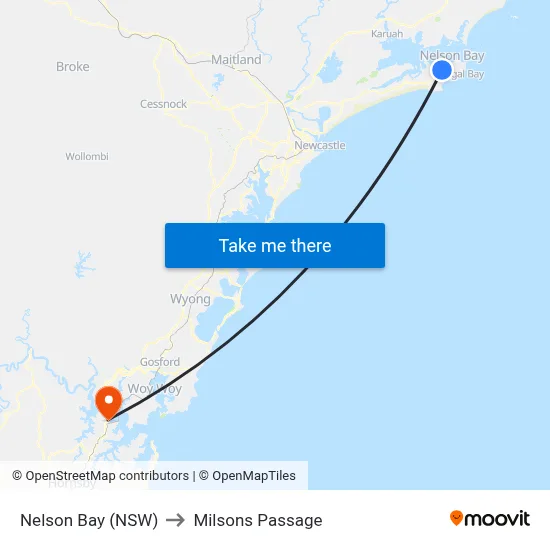 Nelson Bay (NSW) to Milsons Passage map