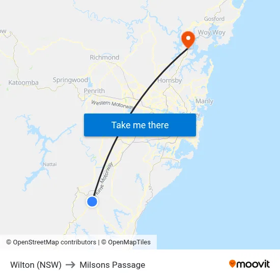 Wilton (NSW) to Milsons Passage map