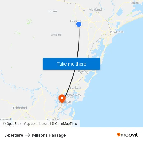 Aberdare to Milsons Passage map