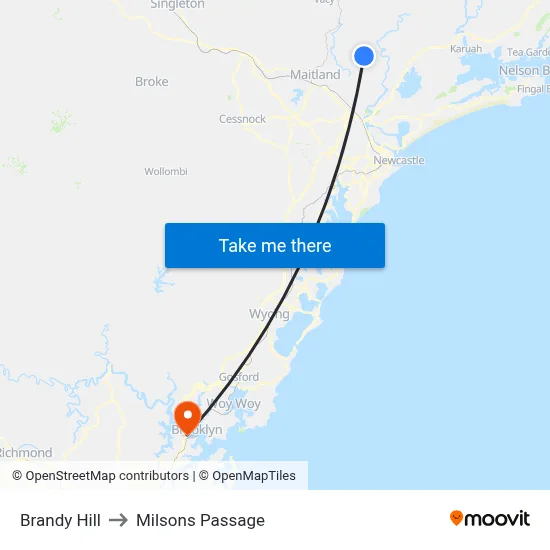Brandy Hill to Milsons Passage map