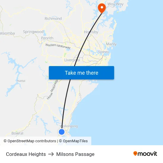 Cordeaux Heights to Milsons Passage map