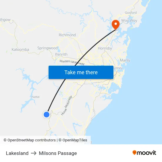 Lakesland to Milsons Passage map