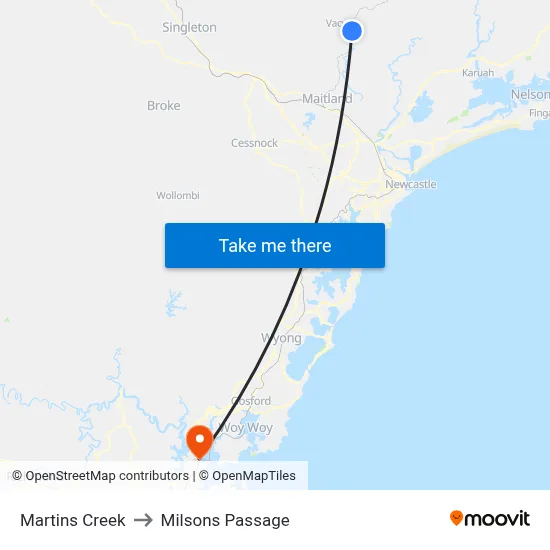 Martins Creek to Milsons Passage map