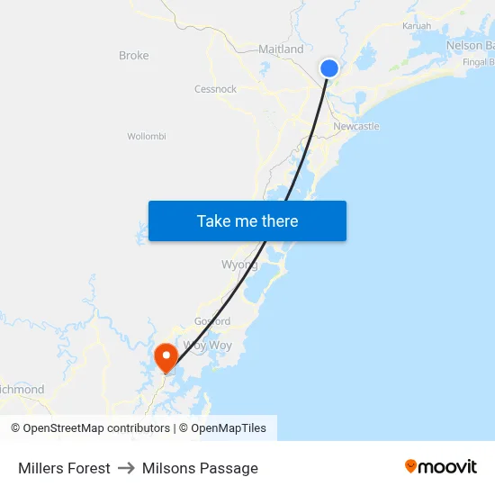 Millers Forest to Milsons Passage map