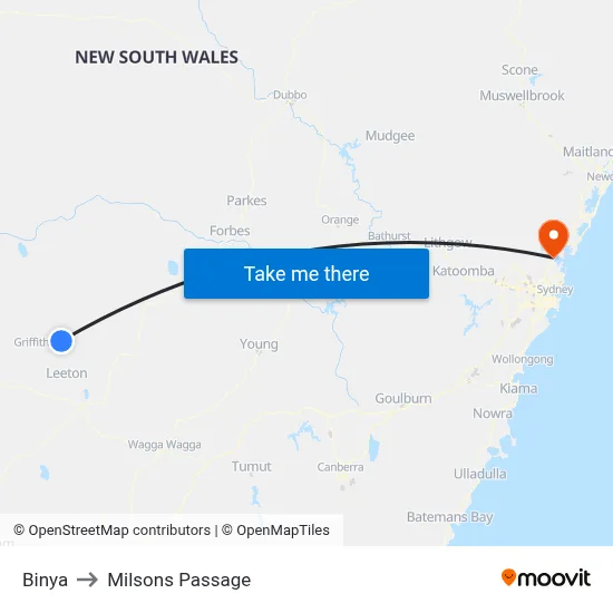 Binya to Milsons Passage map