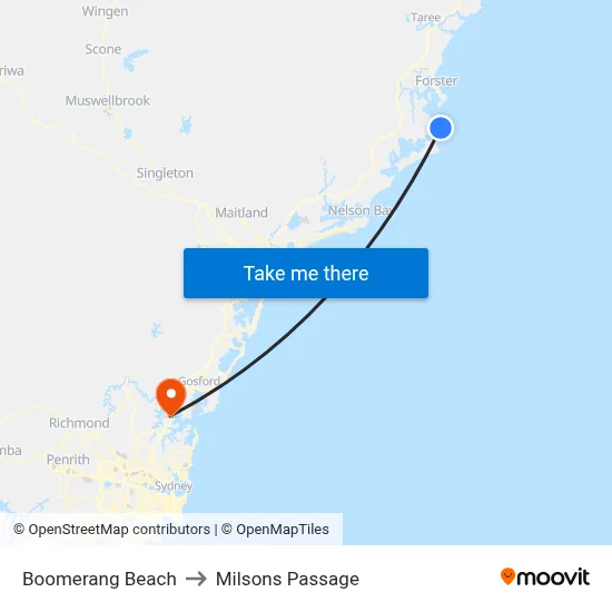 Boomerang Beach to Milsons Passage map
