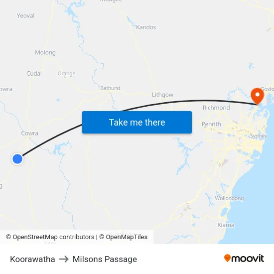 Koorawatha to Milsons Passage map