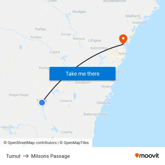 Tumut to Milsons Passage map