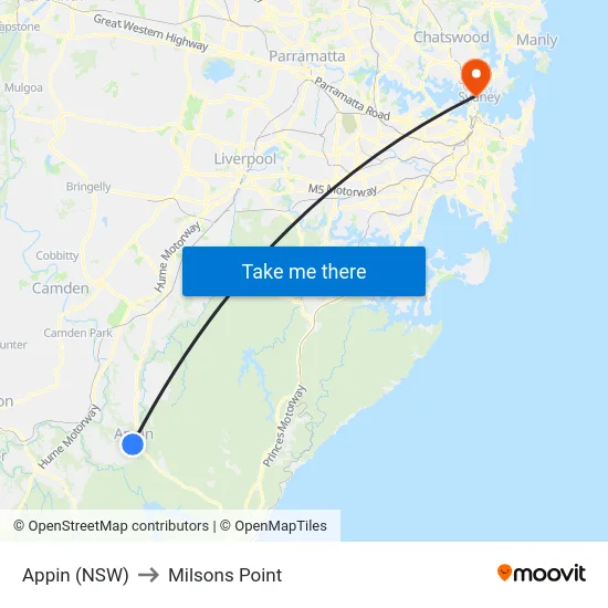 Appin (NSW) to Milsons Point map