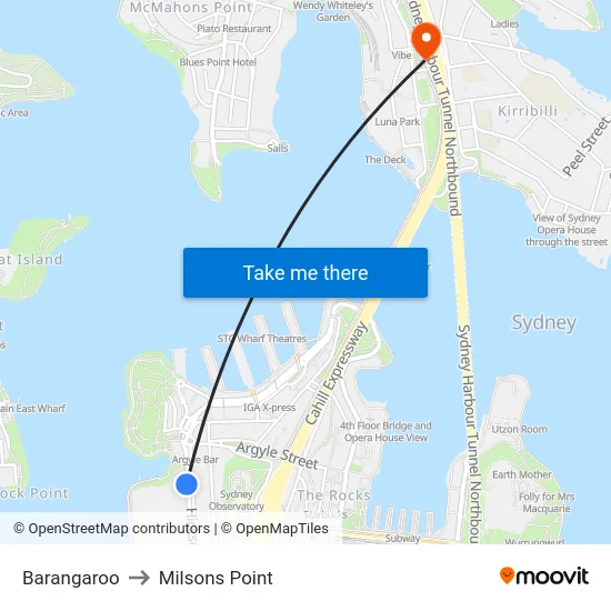 Barangaroo to Milsons Point map