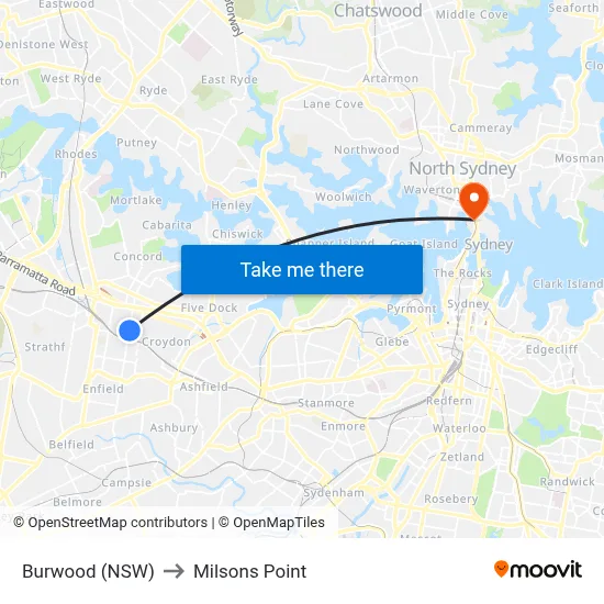 Burwood (NSW) to Milsons Point map