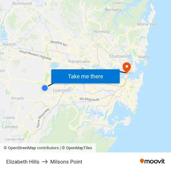 Elizabeth Hills to Milsons Point map