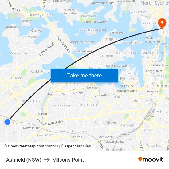 Ashfield (NSW) to Milsons Point map