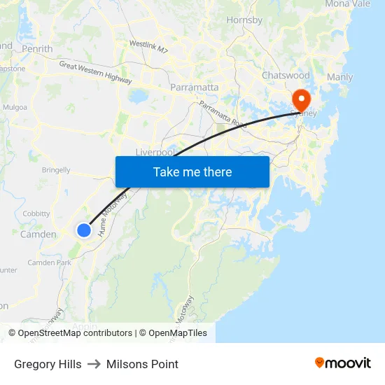 Gregory Hills to Milsons Point map