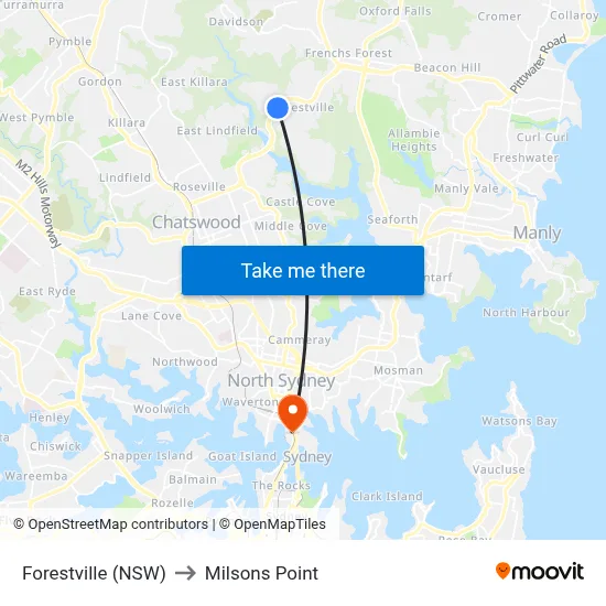Forestville (NSW) to Milsons Point map