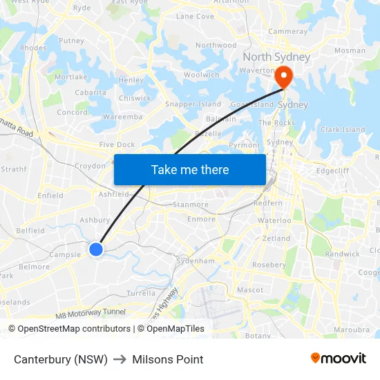 Canterbury (NSW) to Milsons Point map