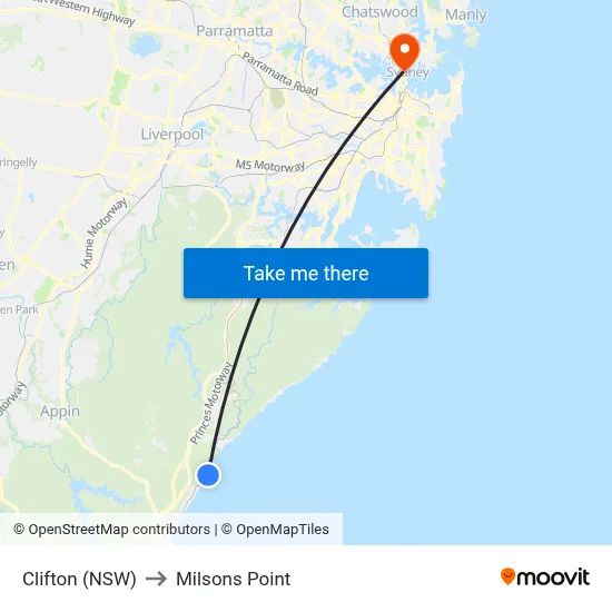 Clifton (NSW) to Milsons Point map