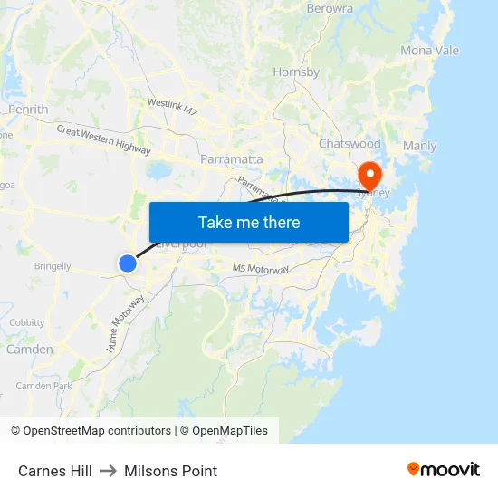 Carnes Hill to Milsons Point map