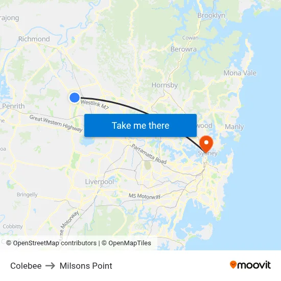 Colebee to Milsons Point map