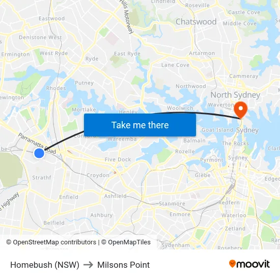 Homebush (NSW) to Milsons Point map