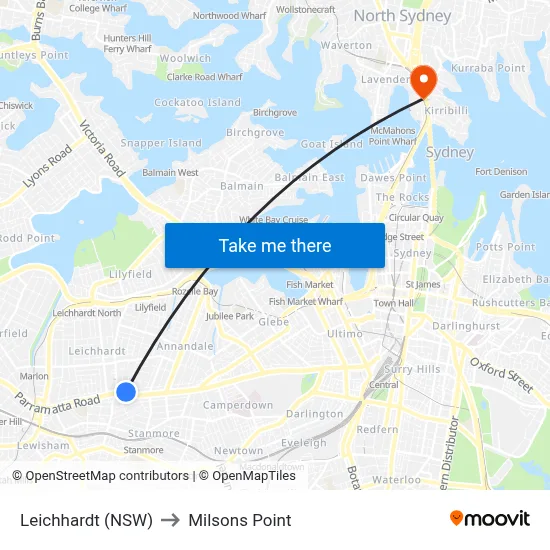 Leichhardt (NSW) to Milsons Point map