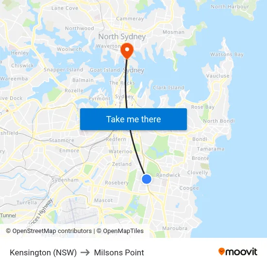 Kensington (NSW) to Milsons Point map