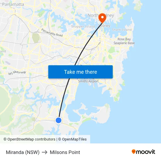Miranda (NSW) to Milsons Point map