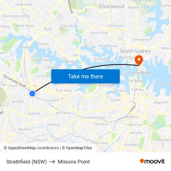 Strathfield (NSW) to Milsons Point map