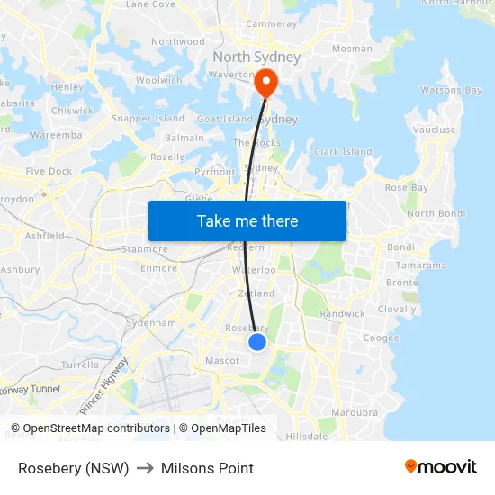 Rosebery (NSW) to Milsons Point map