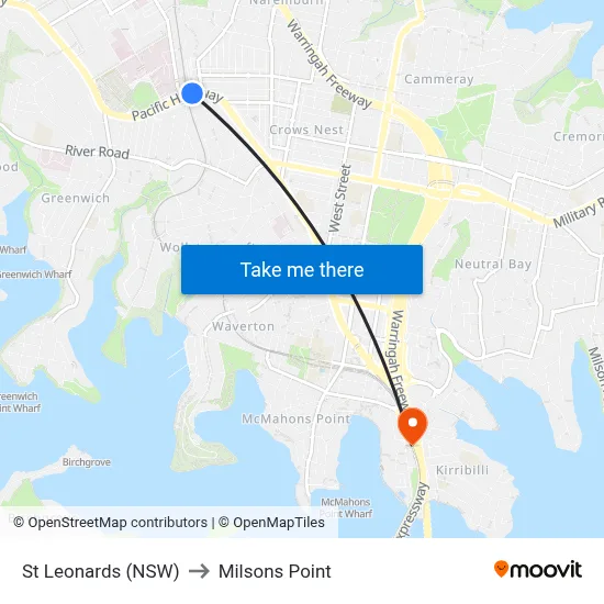 St Leonards (NSW) to Milsons Point map