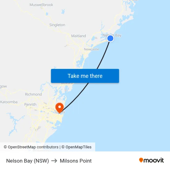 Nelson Bay (NSW) to Milsons Point map