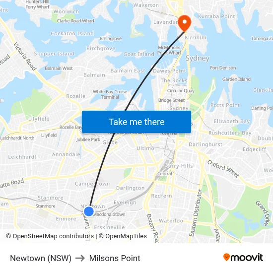 Newtown (NSW) to Milsons Point map