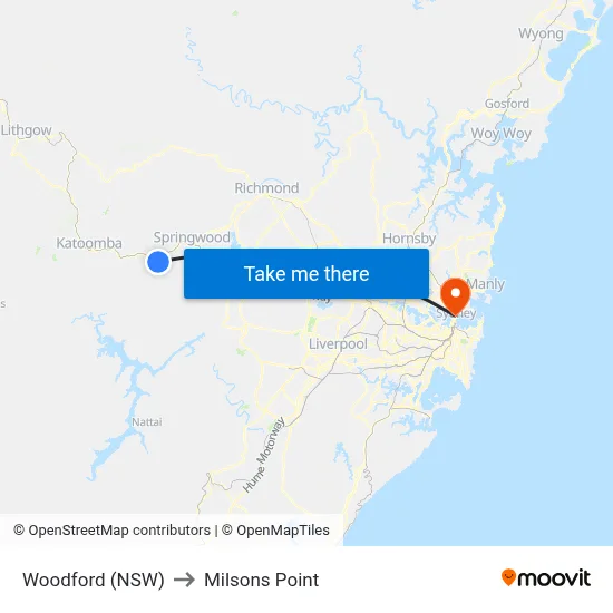 Woodford (NSW) to Milsons Point map