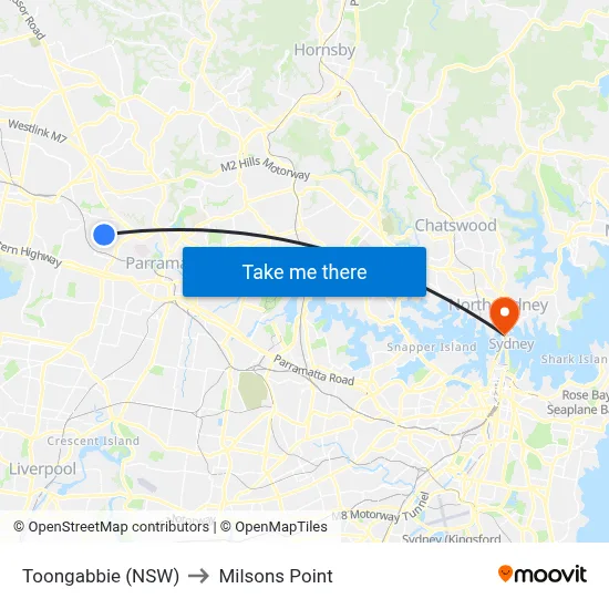 Toongabbie (NSW) to Milsons Point map