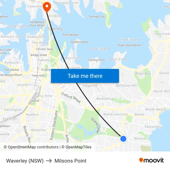Waverley (NSW) to Milsons Point map