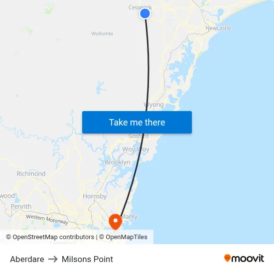 Aberdare to Milsons Point map