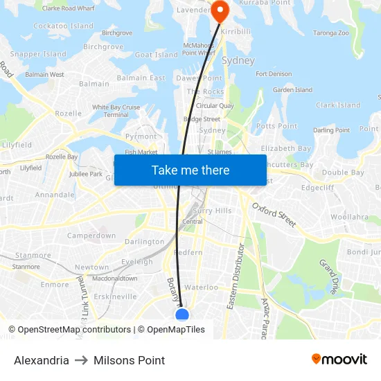 Alexandria to Milsons Point map
