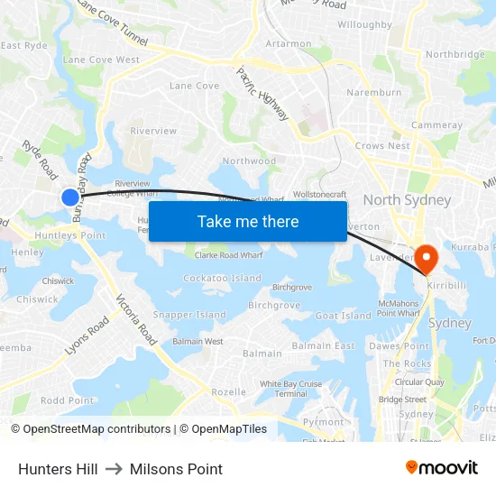 Hunters Hill to Milsons Point map