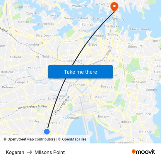 Kogarah to Milsons Point map