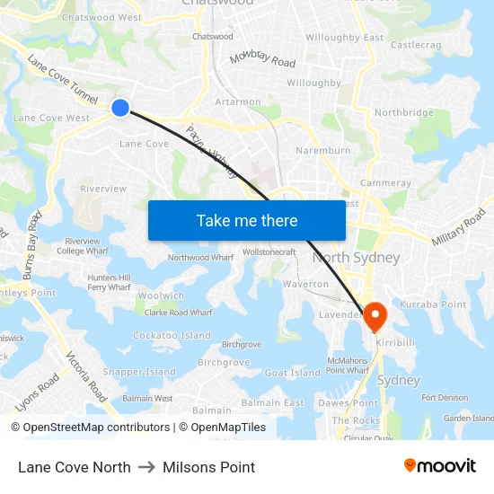 Lane Cove North to Milsons Point map