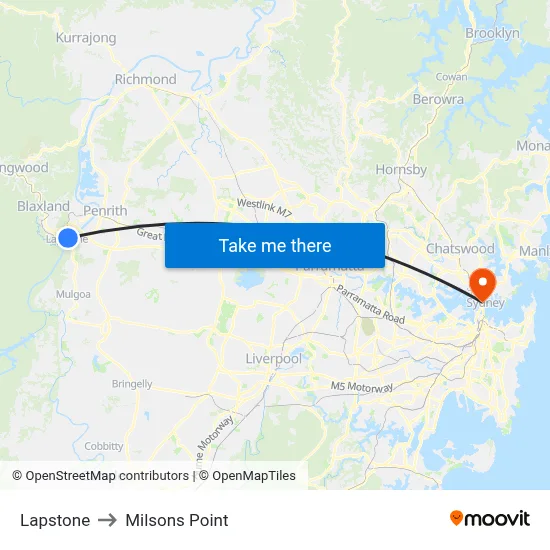 Lapstone to Milsons Point map