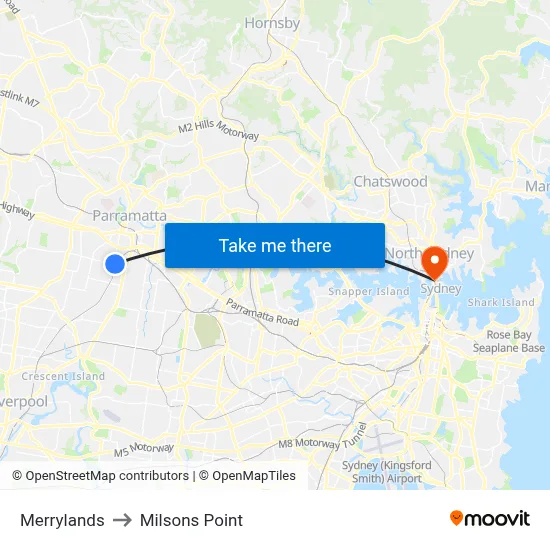 Merrylands to Milsons Point map