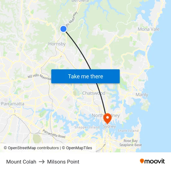 Mount Colah to Milsons Point map
