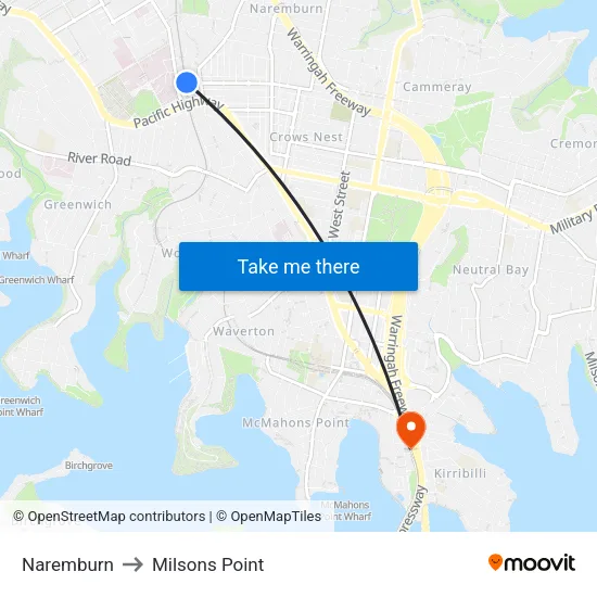 Naremburn to Milsons Point map