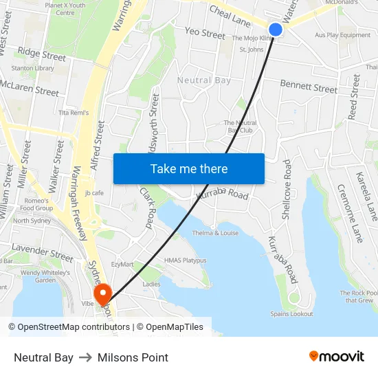 Neutral Bay to Milsons Point map