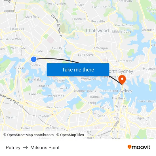 Putney to Milsons Point map