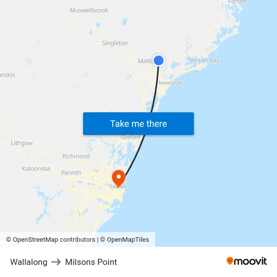 Wallalong to Milsons Point map
