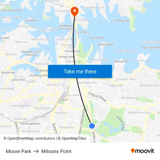Moore Park to Milsons Point map