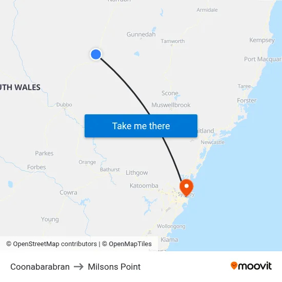 Coonabarabran to Milsons Point map