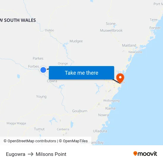 Eugowra to Milsons Point map